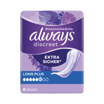 Design ohne TitelAlways discreet Inkontinenz Long Plus Extra Sicher 6 Einlagen, mittlere Blasenschwaeche, 8 Stueck